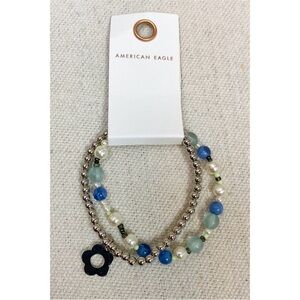 NWT AEO American Eagle Outfitters Silver Blue Beaded stretch Bracelet Set